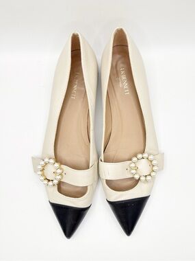LK Bennett White Leather Cap Toe Pearl Buckle Flats